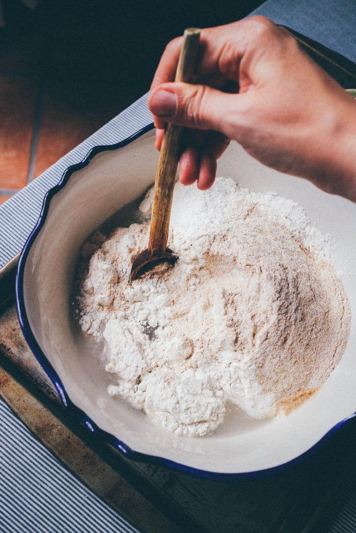 Close-Up Shot of a Person Mixing Flour in a Bowl